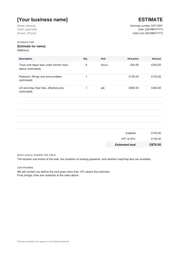 The estimate template