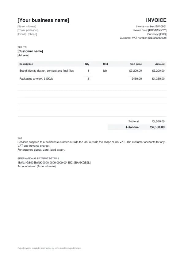 The export invoice template
