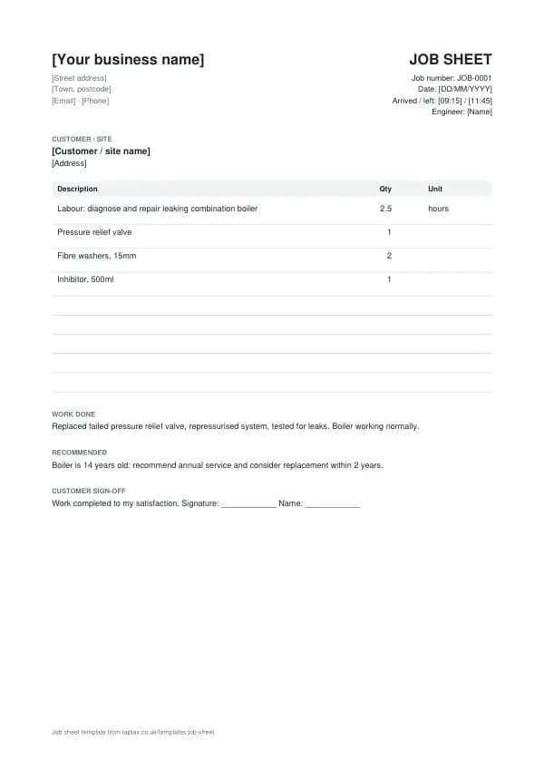 The job sheet template