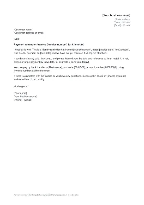 The payment reminder letter template