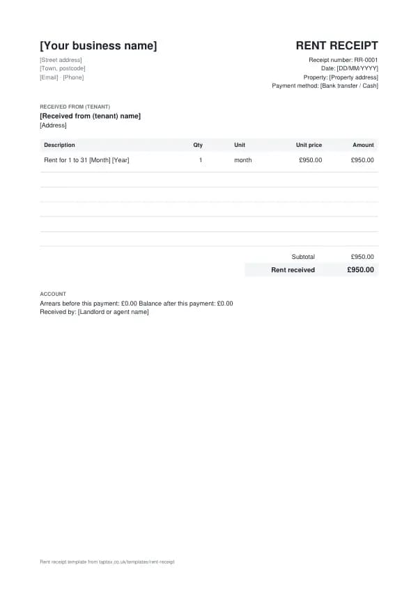 The rent receipt template