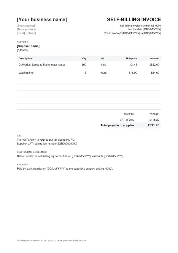 The self-billing invoice template