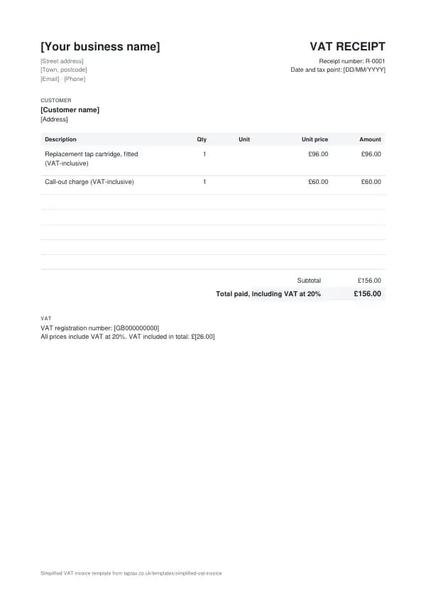 The simplified VAT invoice template