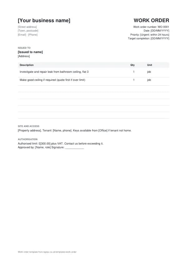 The work order template