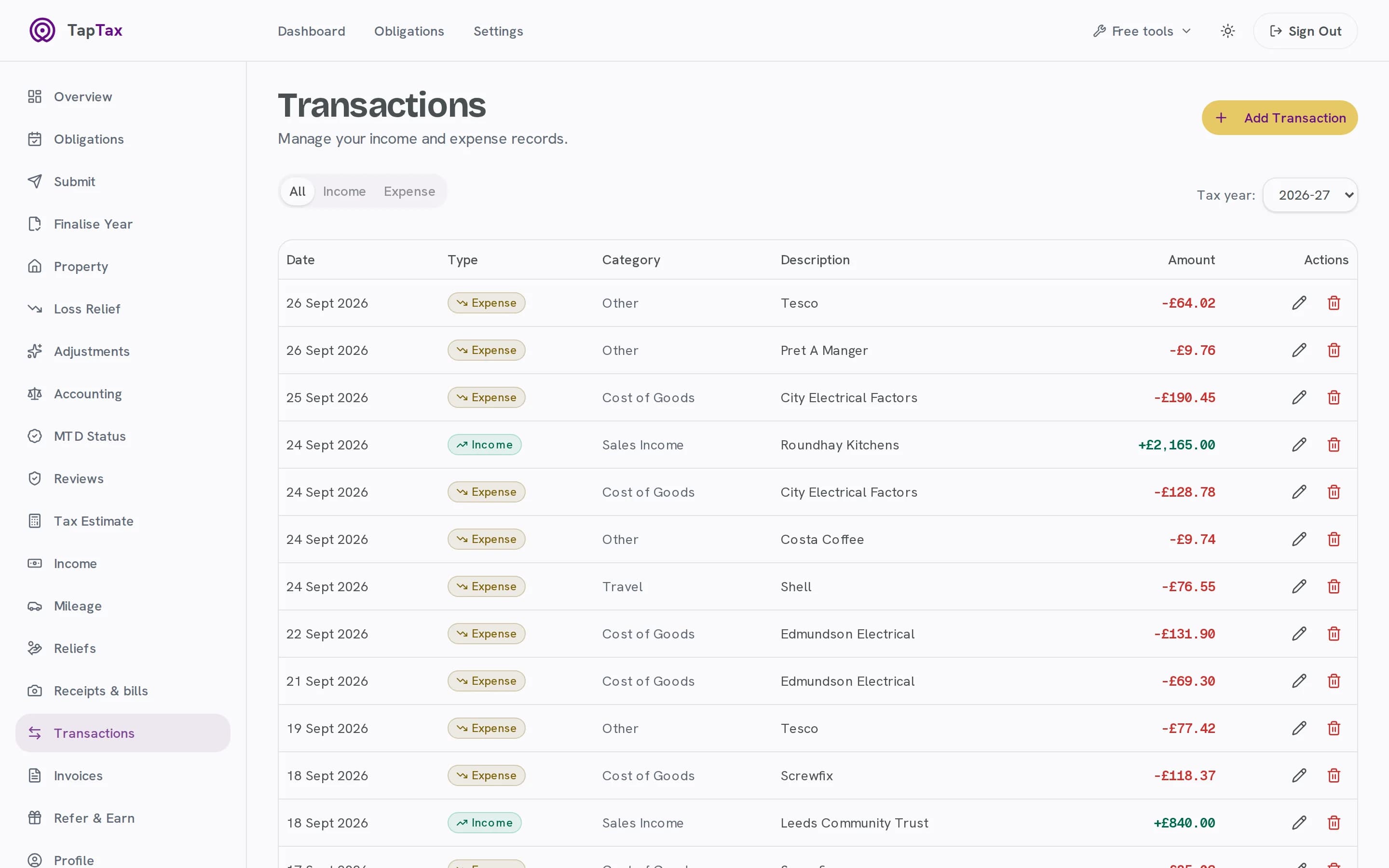 Transactions sorted into HMRC categories
