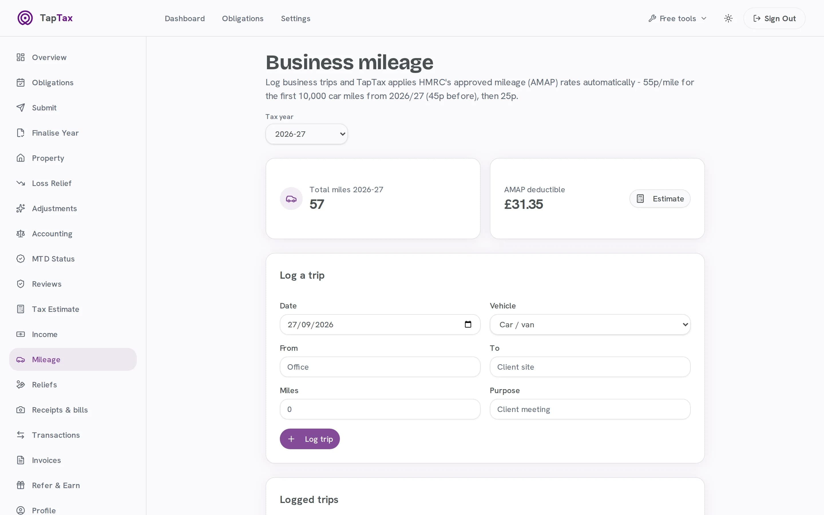 Business trips logged at HMRC mileage rates