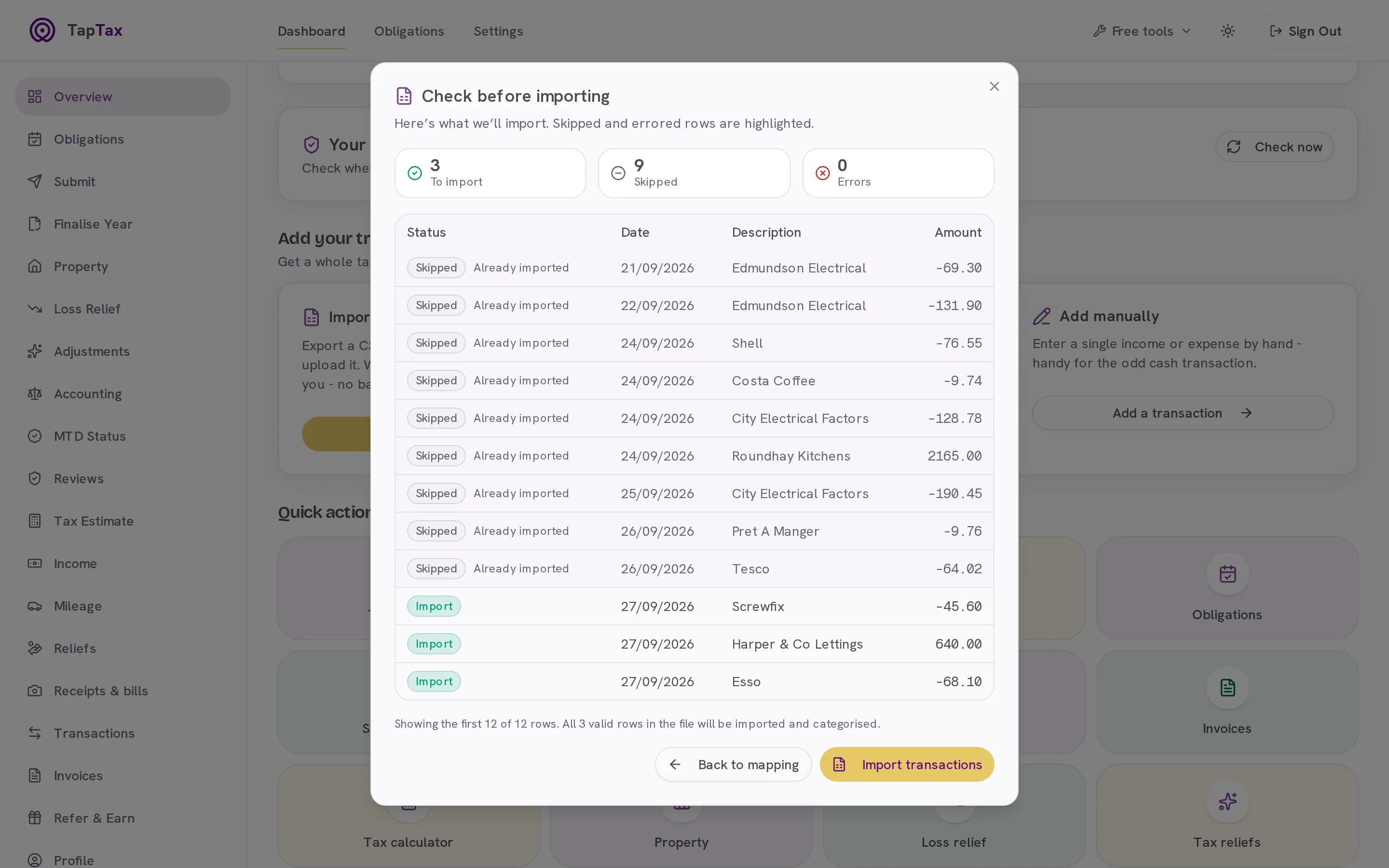 Previewing imported transactions