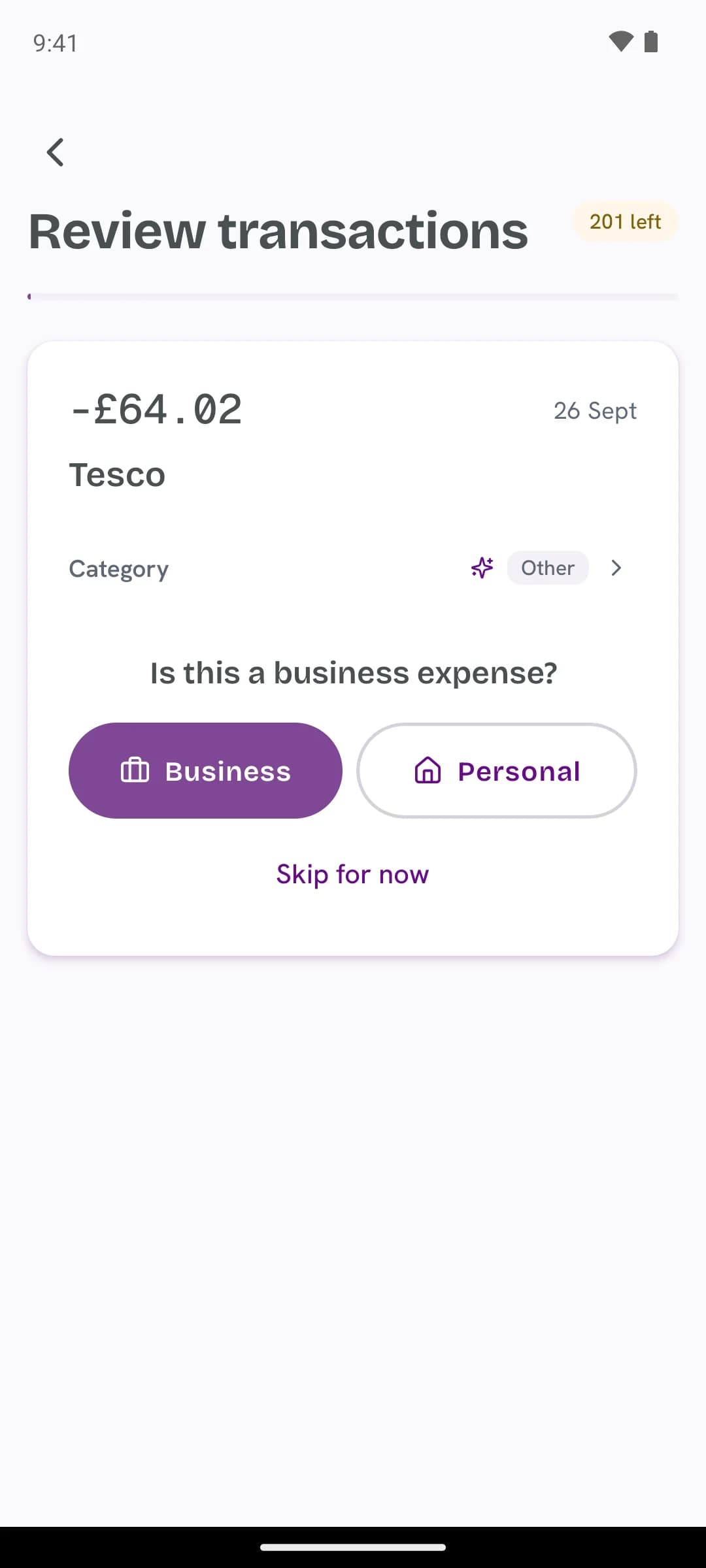 Confirming a transaction as business or personal