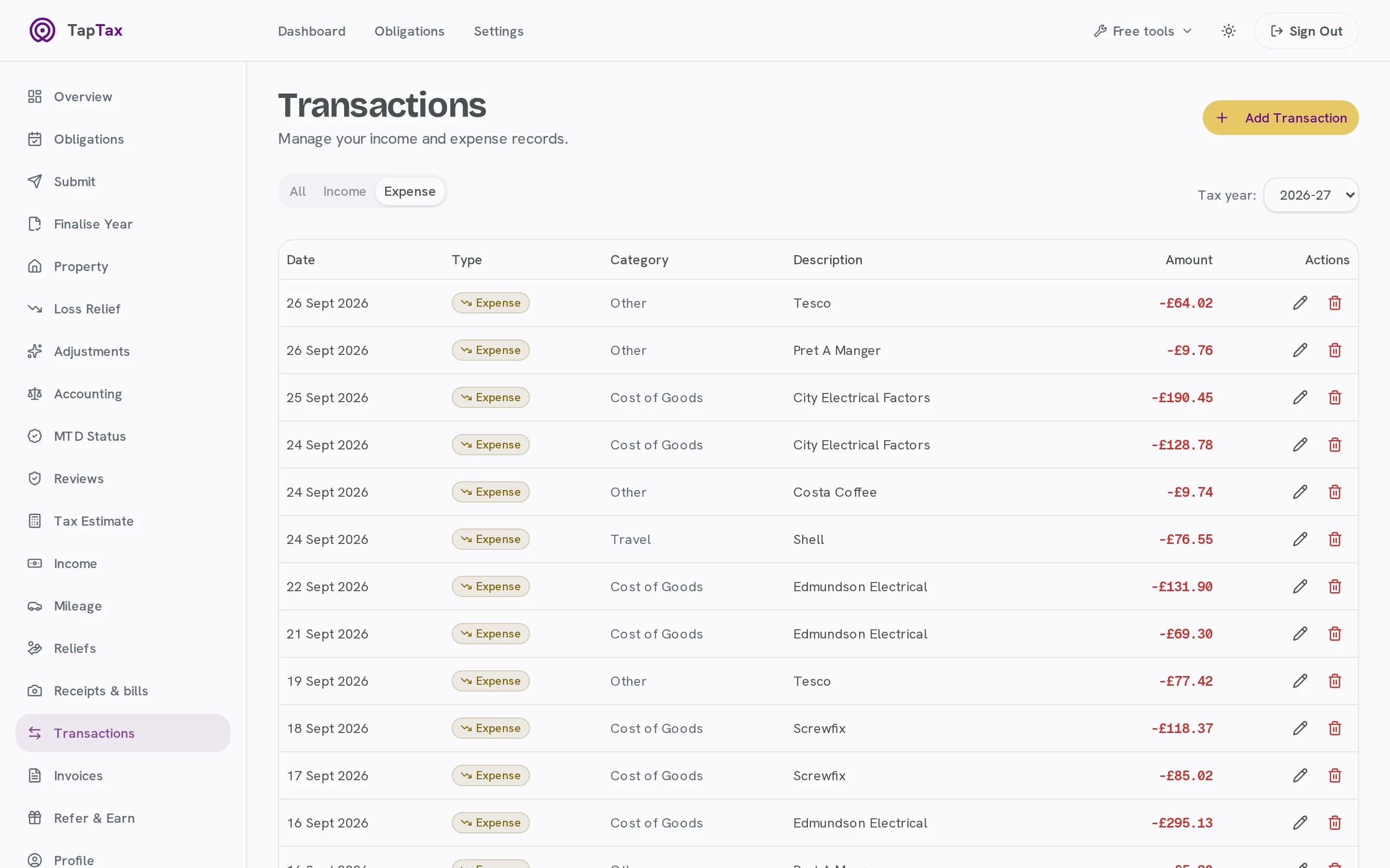 Transactions with their HMRC categories