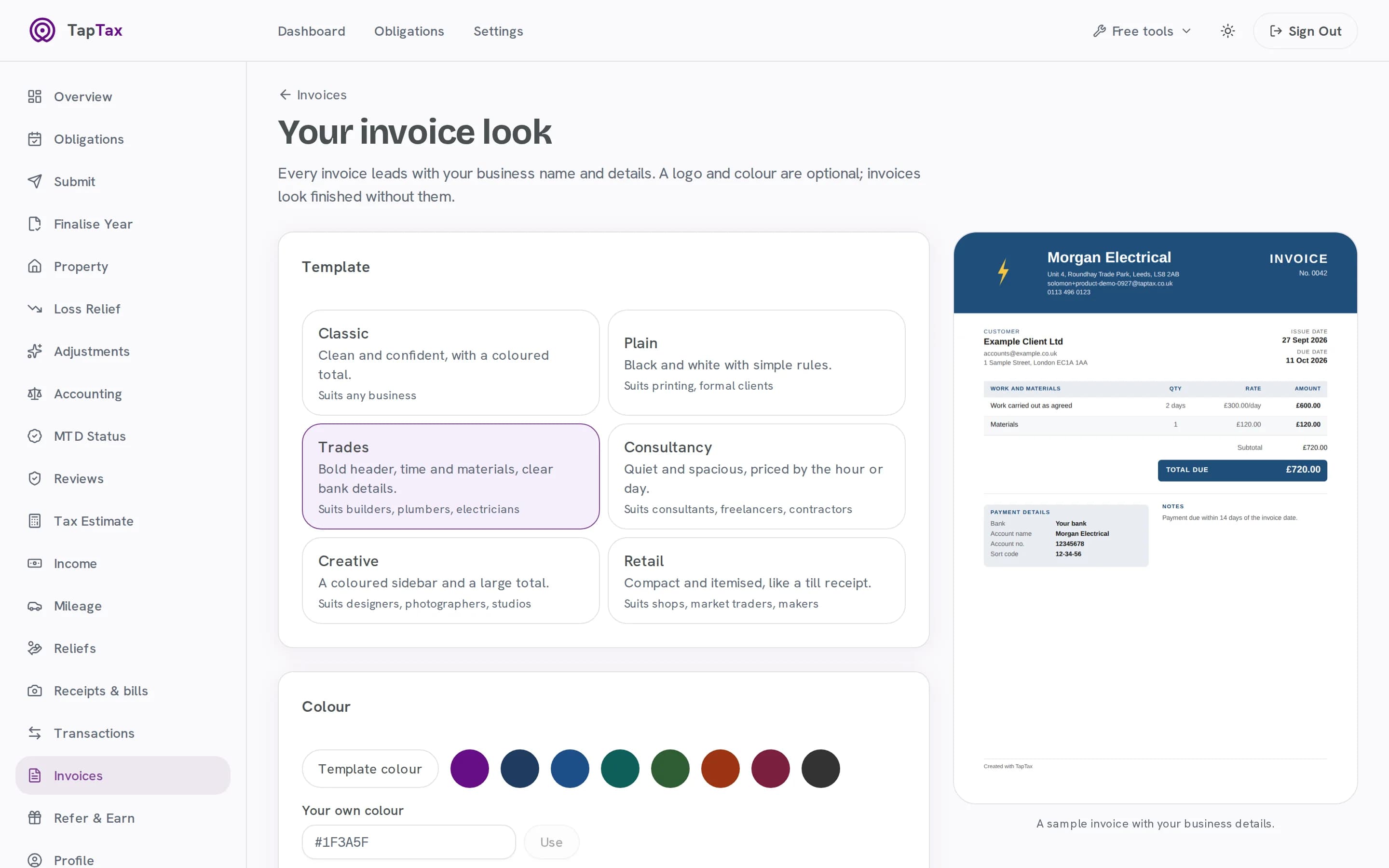 Choosing an invoice template, colour and logo