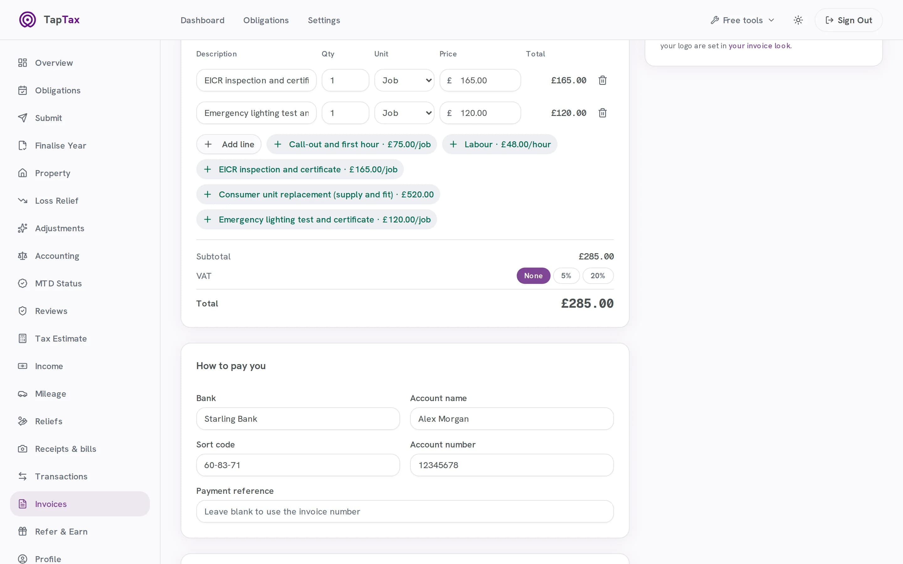 Creating an invoice from a saved client and the rate card