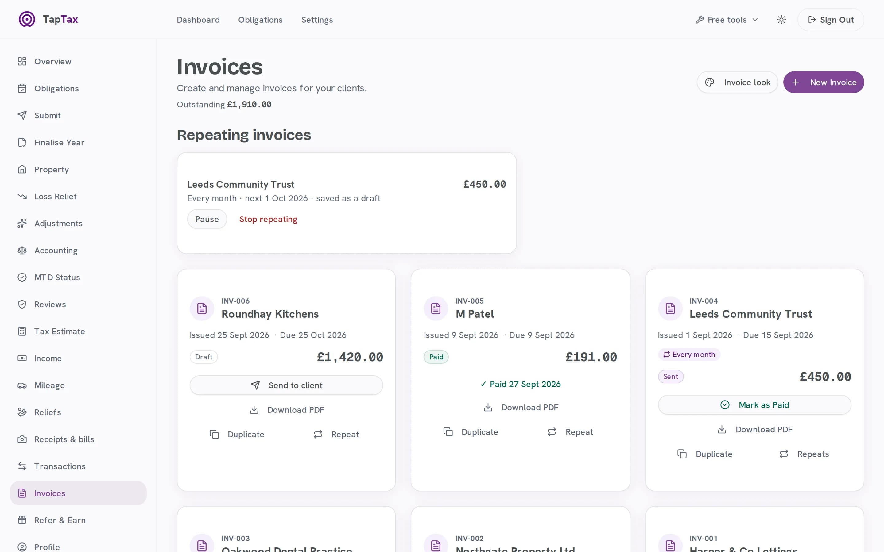 Invoices, a repeating invoice and what is outstanding