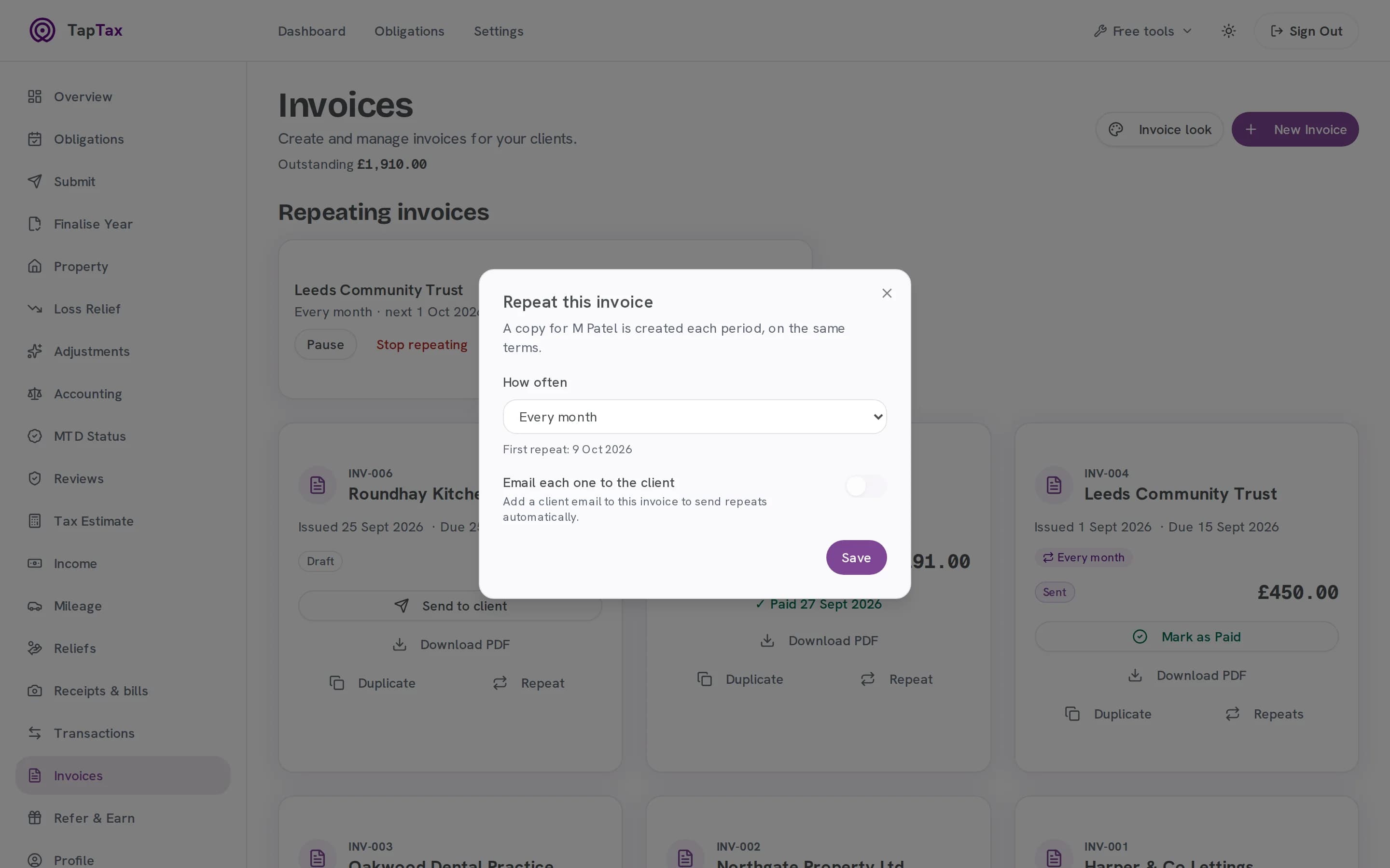 A repeating monthly invoice and payment reminders