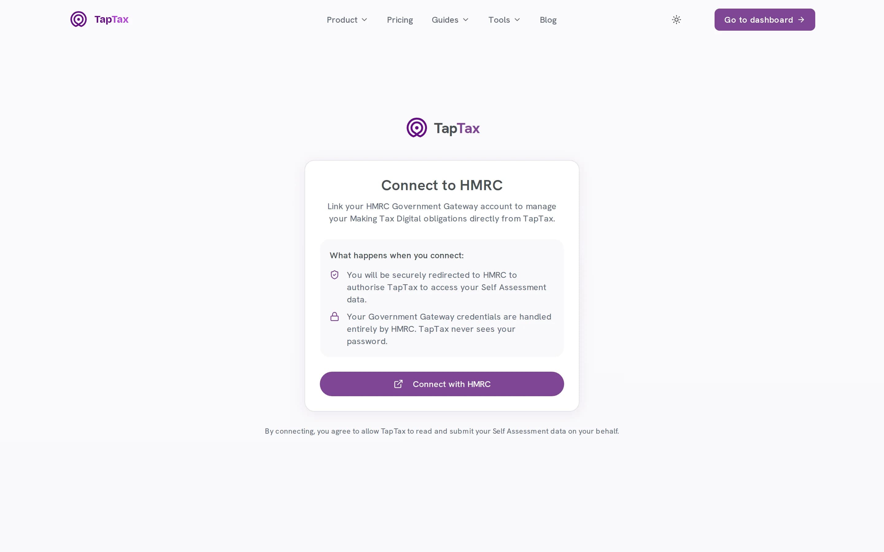 Connecting TapTax to HMRC: you sign in with HMRC, never with TapTax