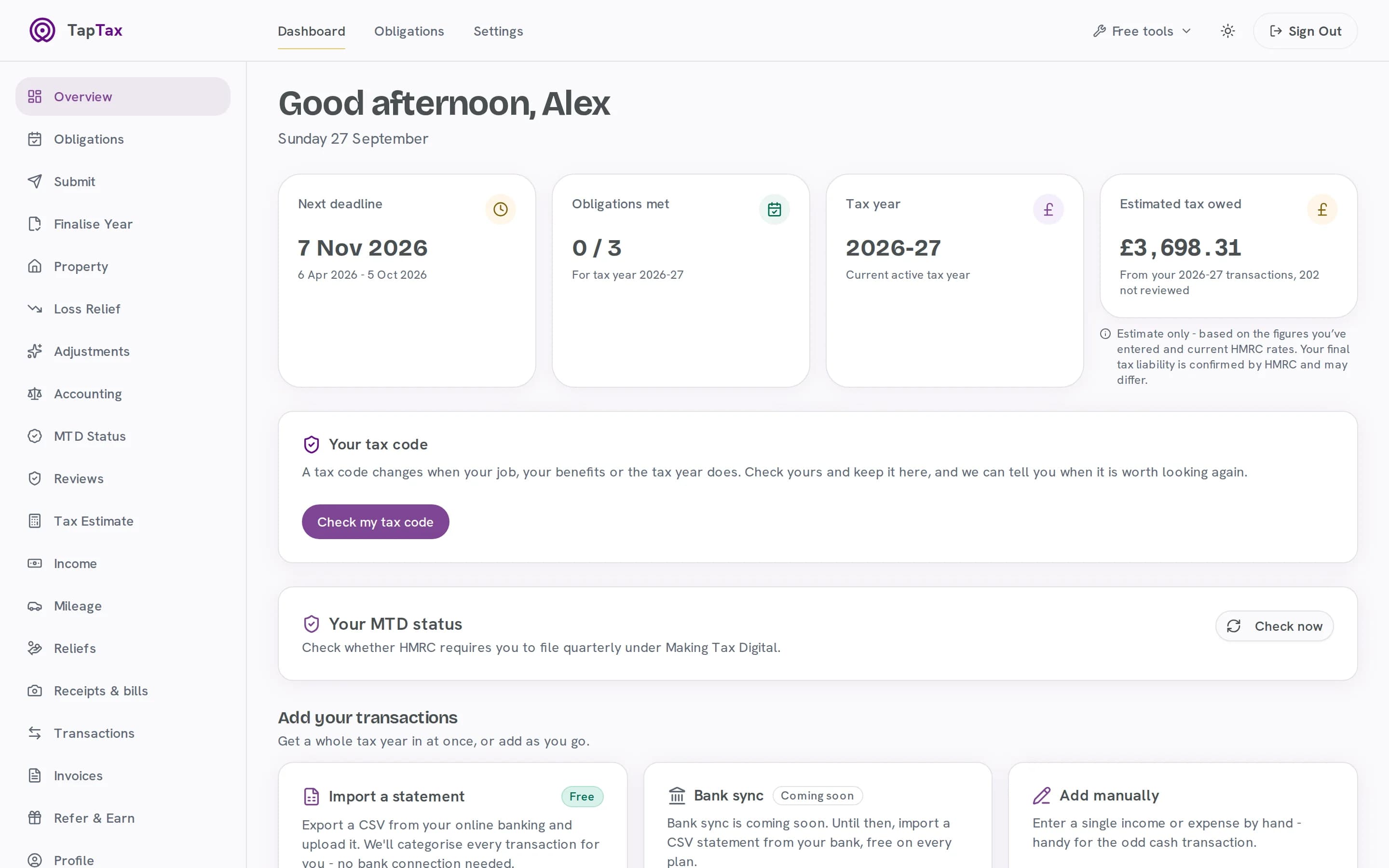 The TapTax dashboard with the next HMRC deadline and a live tax estimate