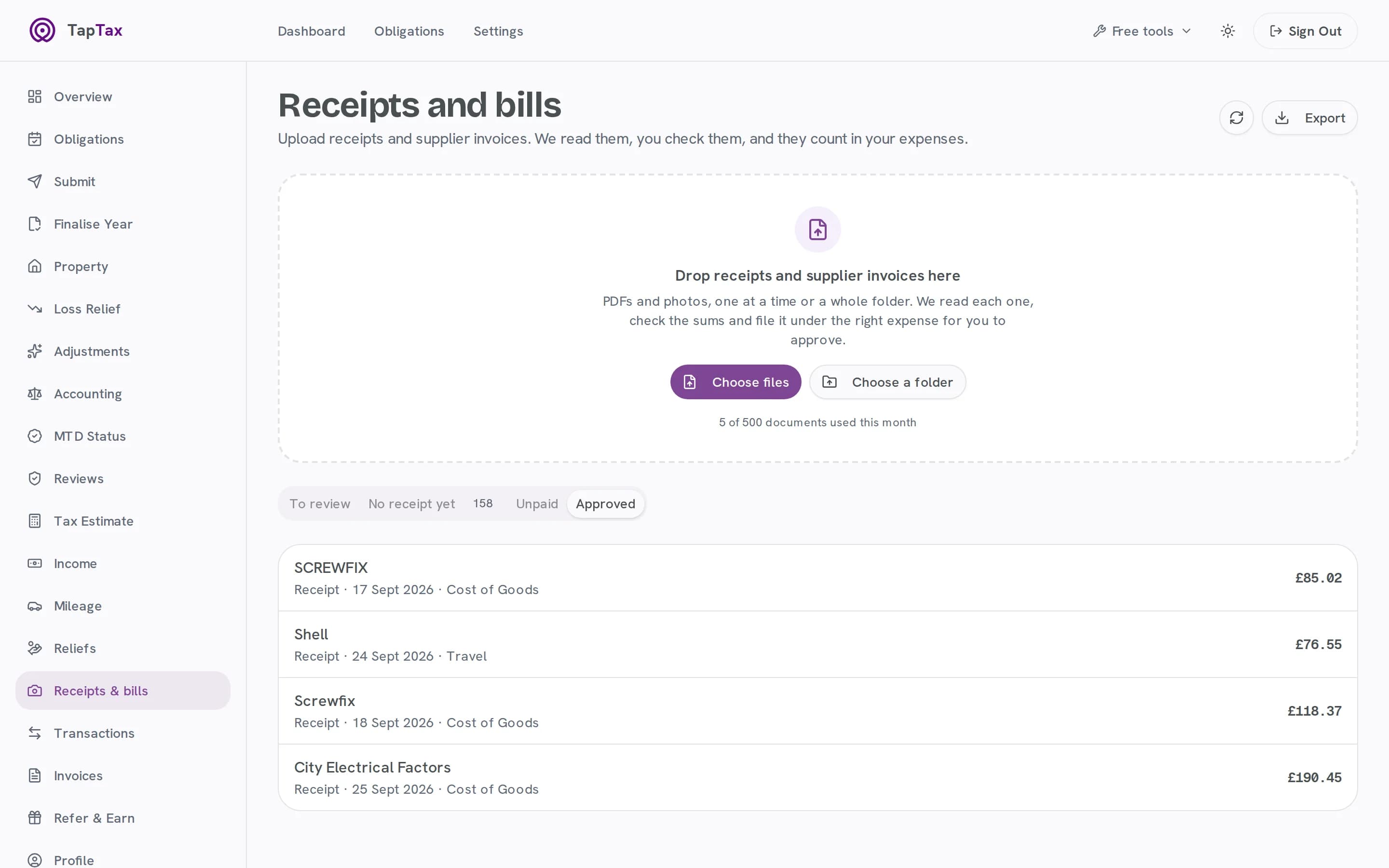 Approved receipts counted in expenses