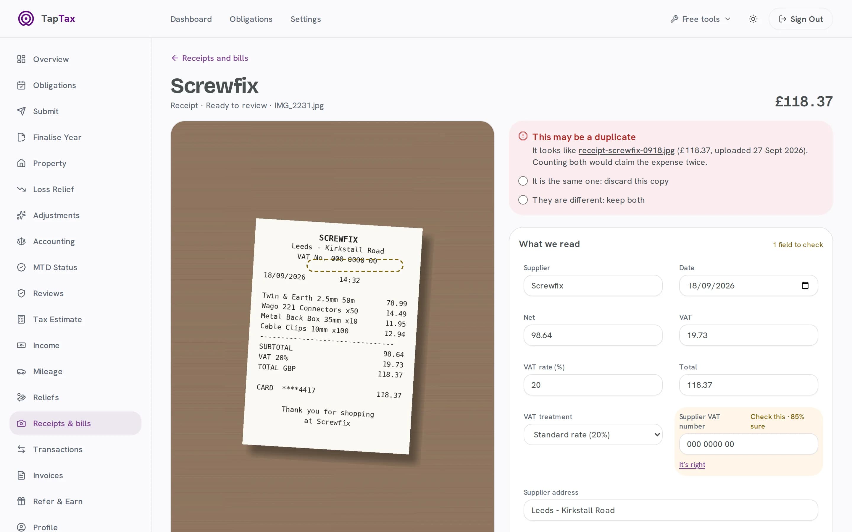 The checks TapTax runs on a document