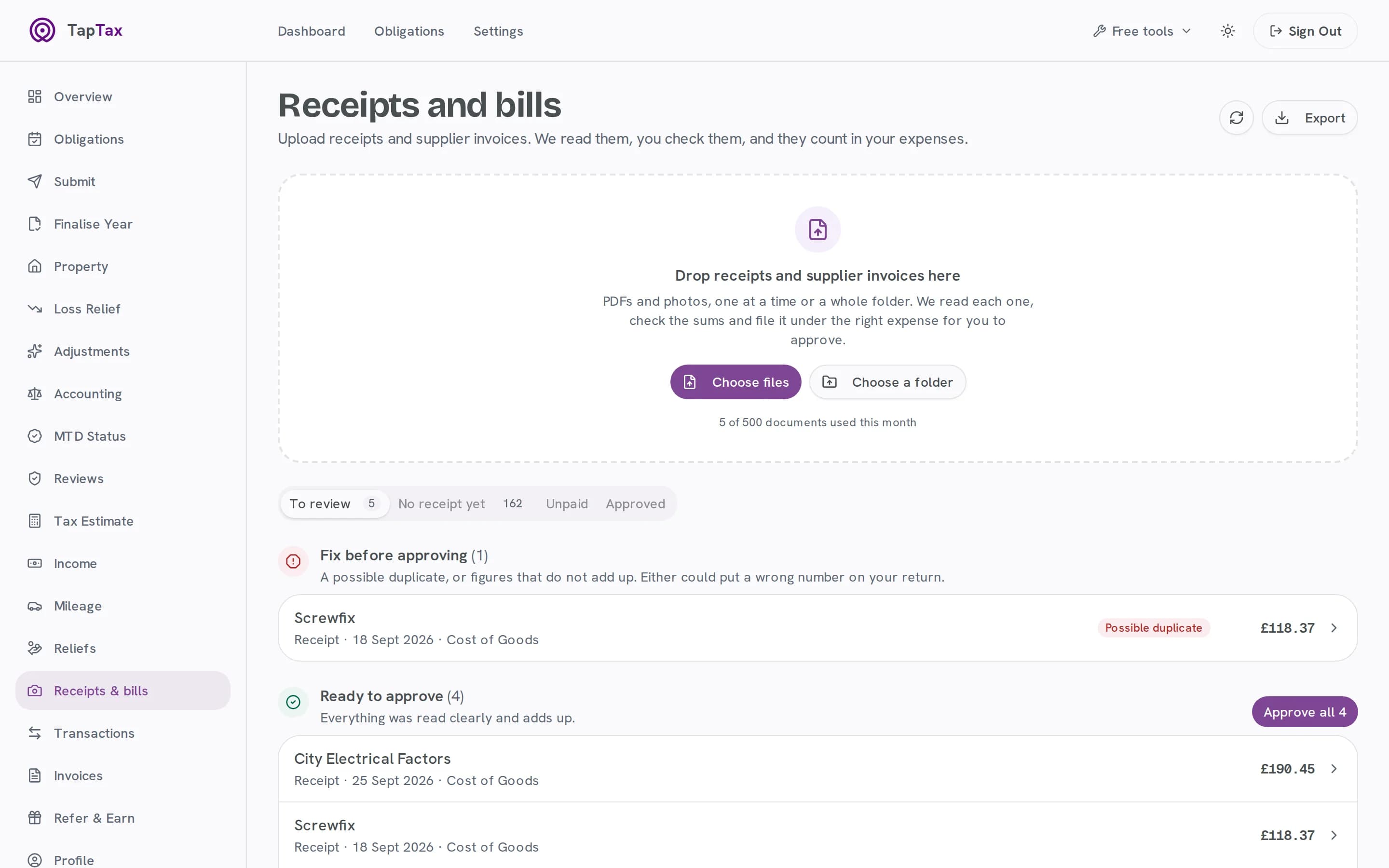 Receipts and bills read and ready to approve