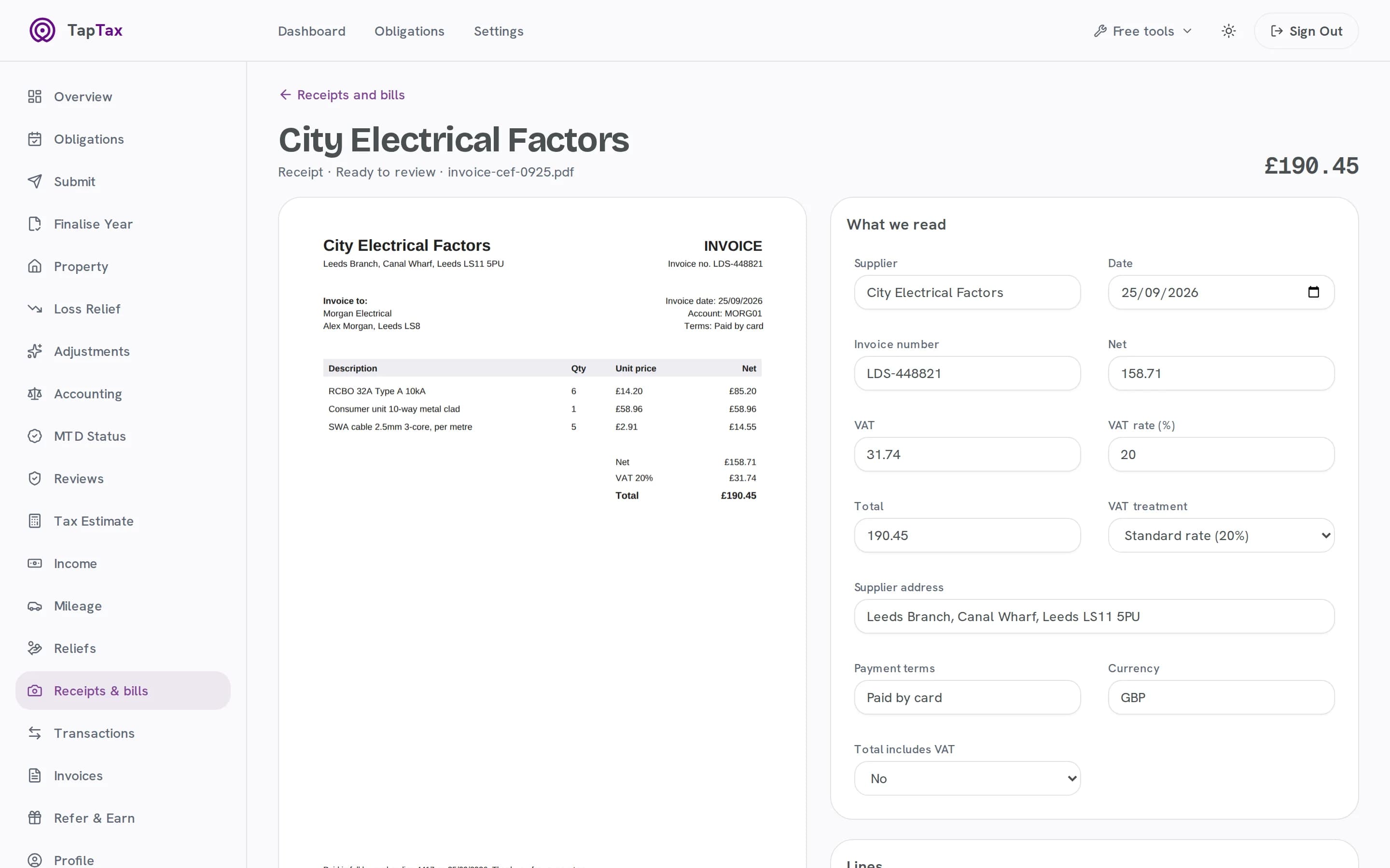 A supplier invoice read field by field, with a confidence for each