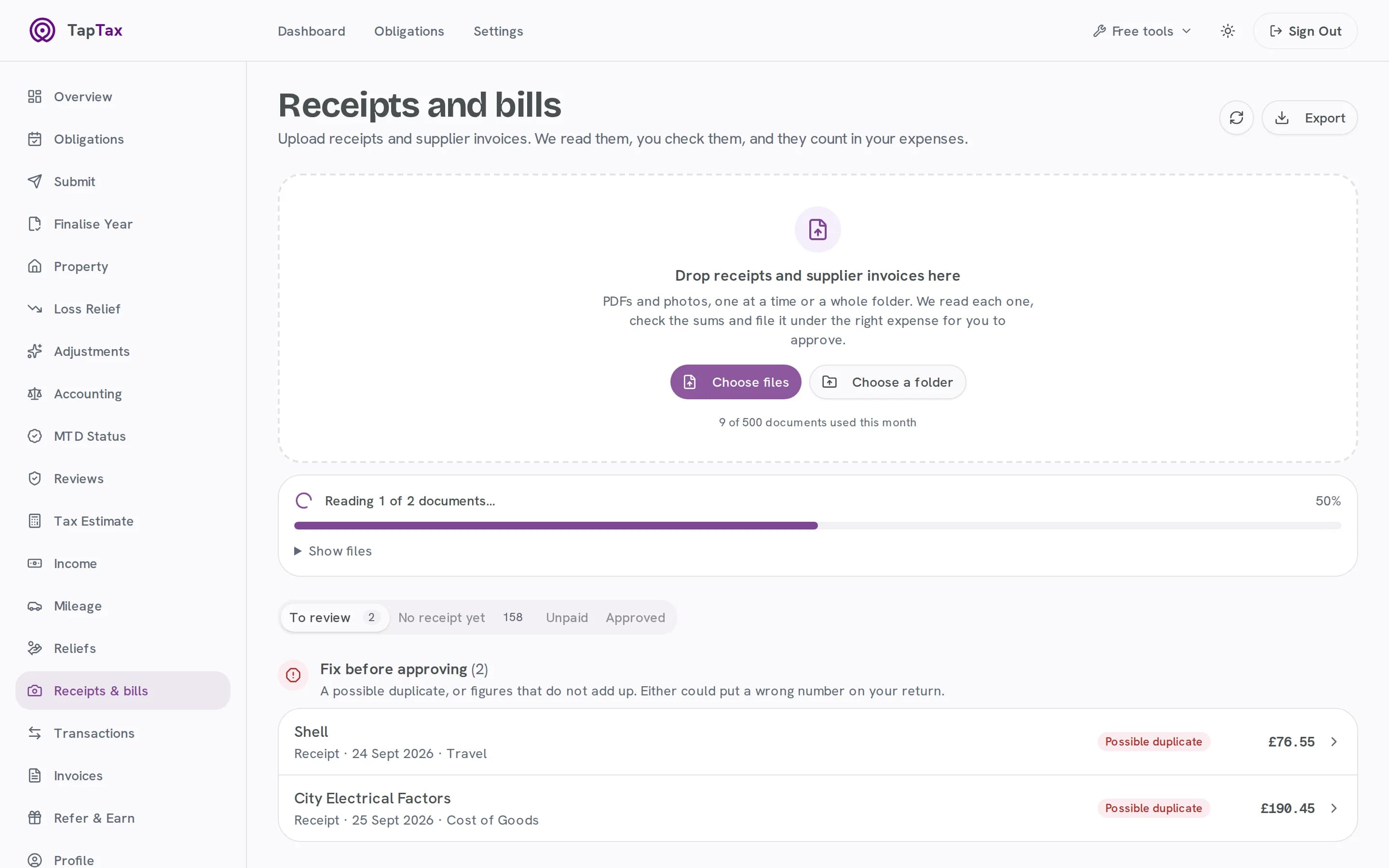 Dropping receipts and supplier invoices into TapTax