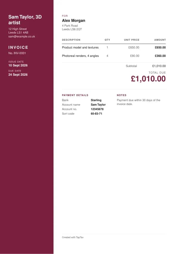 A filled-in example of the 3D artist invoice template