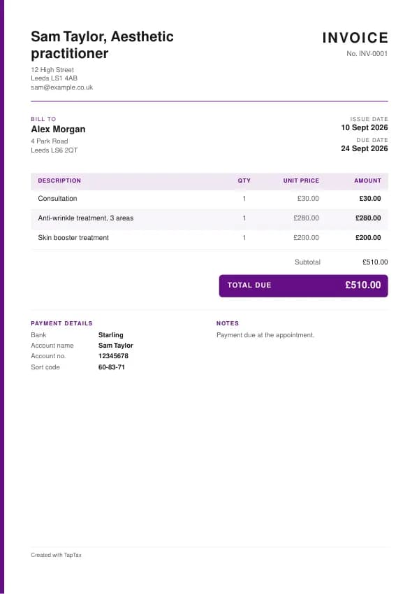 A filled-in example of the aesthetic practitioner invoice template