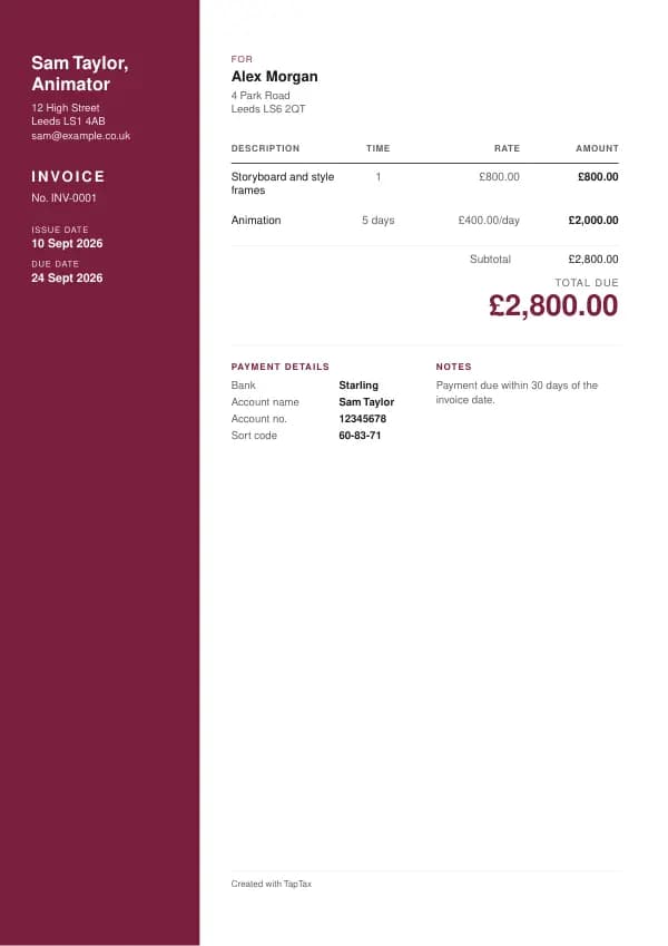 A filled-in example of the animator invoice template