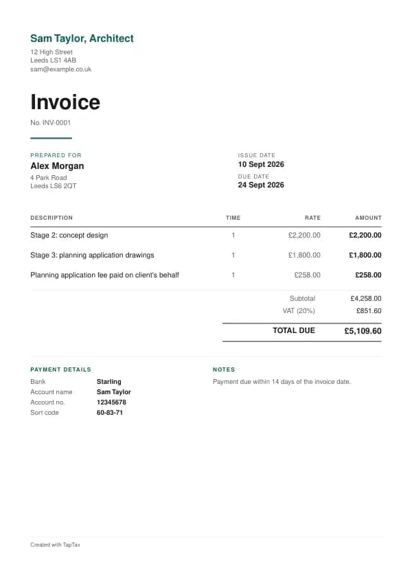 A filled-in example of the architect invoice template