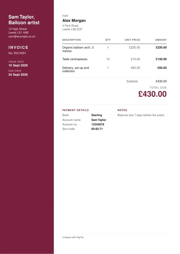A filled-in example of the balloon artist invoice template