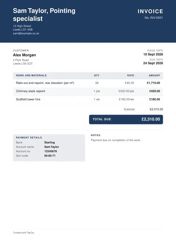 A filled-in example of the pointing specialist invoice template