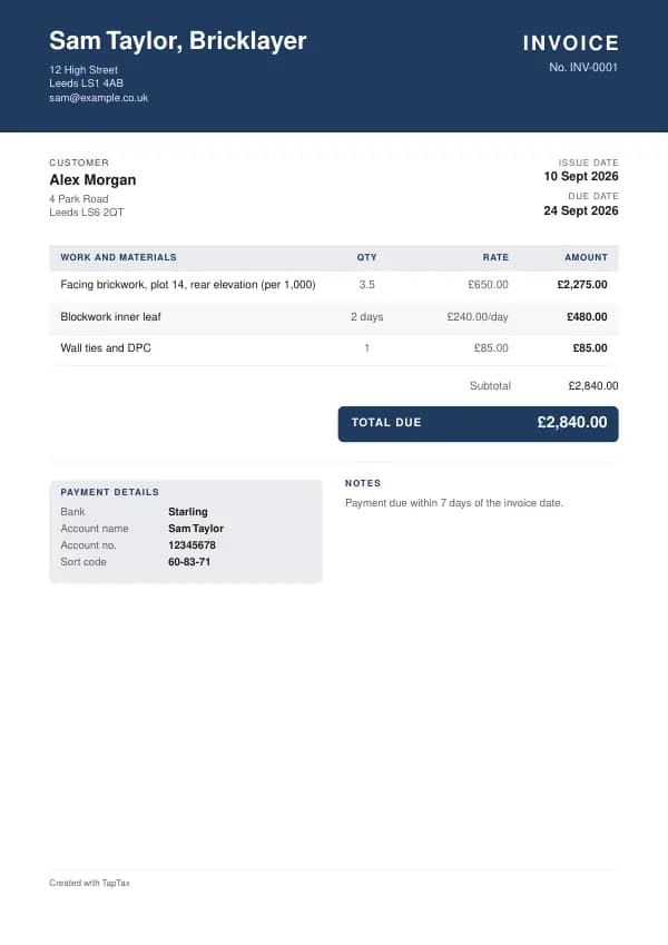A filled-in example of the bricklayer invoice template