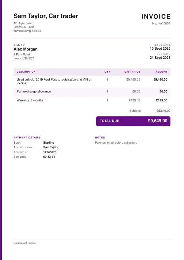 A filled-in example of the car trader invoice template