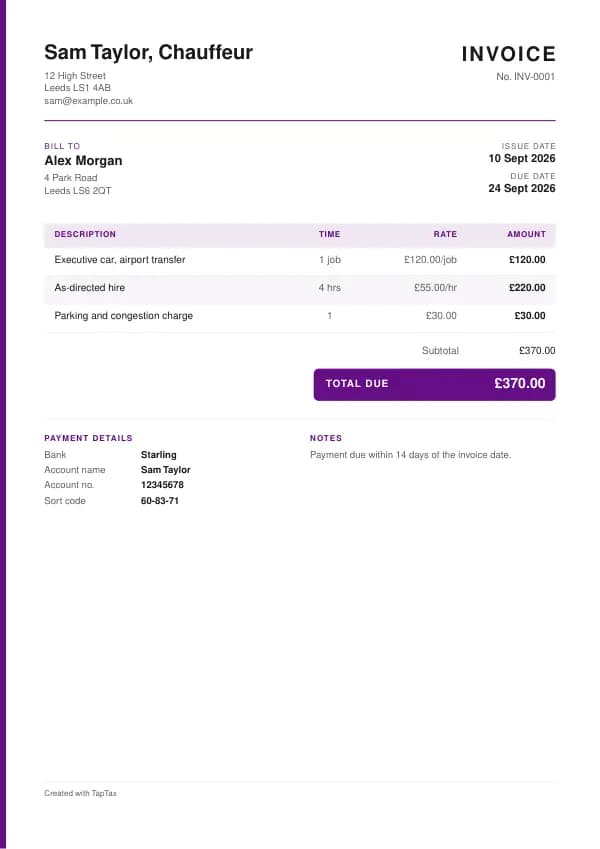 A filled-in example of the chauffeur invoice template
