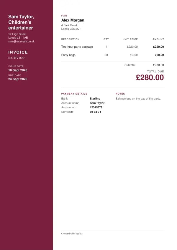 A filled-in example of the children's entertainer invoice template