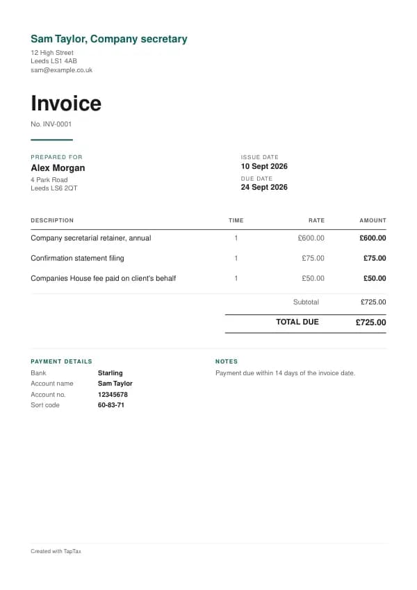 A filled-in example of the company secretary invoice template