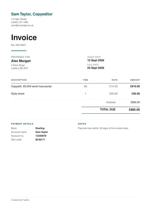 A filled-in example of the copyeditor invoice template