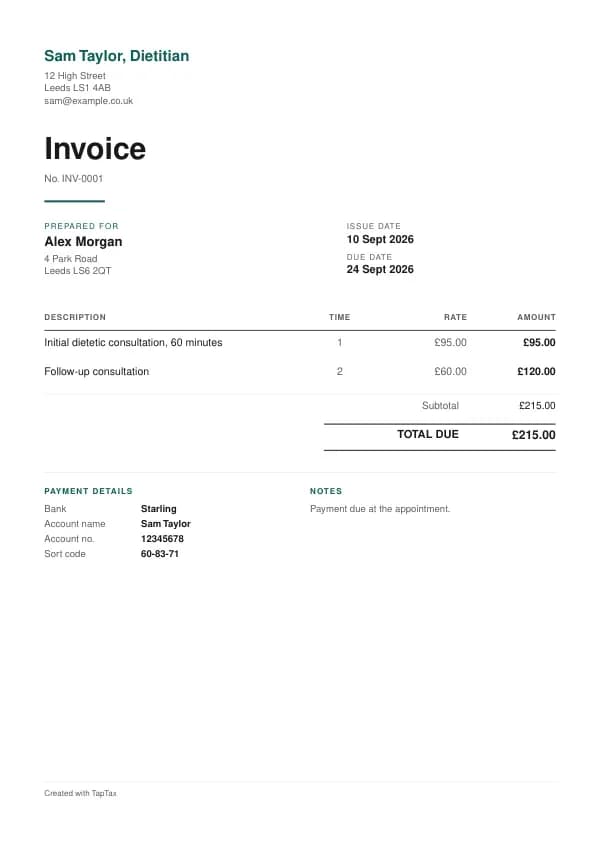 A filled-in example of the dietitian invoice template