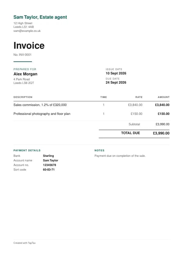 A filled-in example of the estate agent invoice template