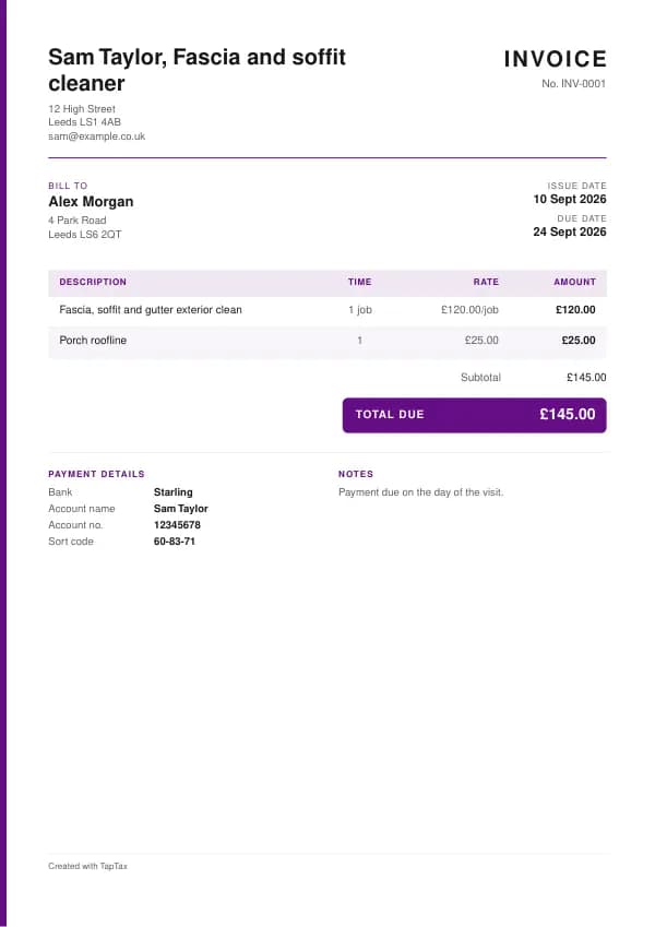 A filled-in example of the fascia and soffit cleaner invoice template