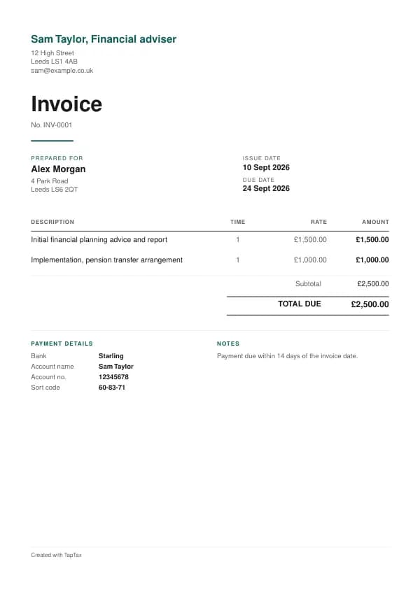 A filled-in example of the financial adviser invoice template