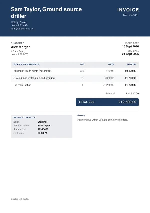 A filled-in example of the ground source driller invoice template