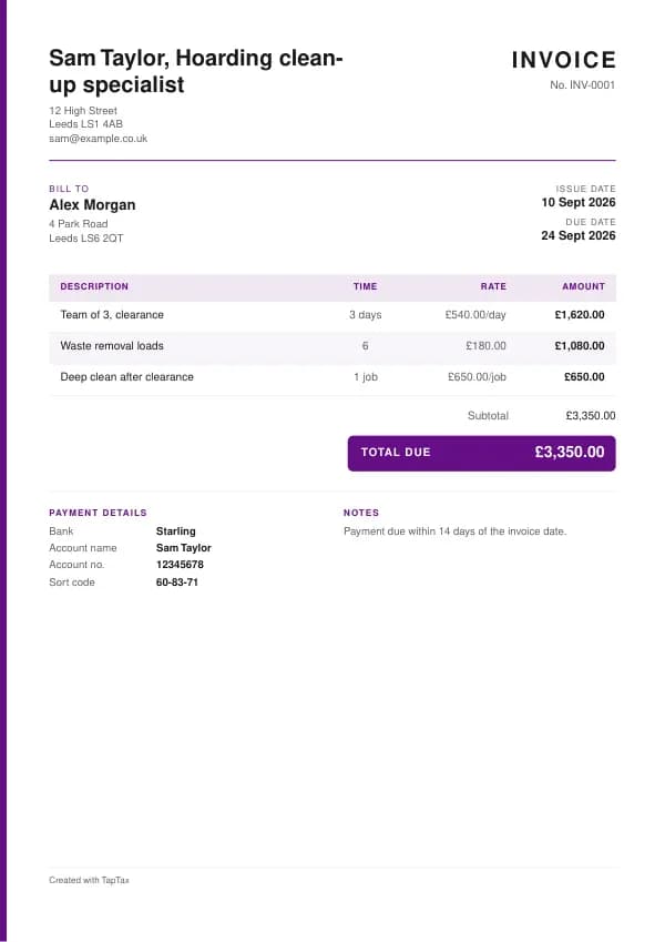 A filled-in example of the hoarding clean-up specialist invoice template