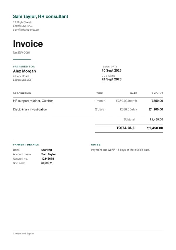 A filled-in example of the HR consultant invoice template