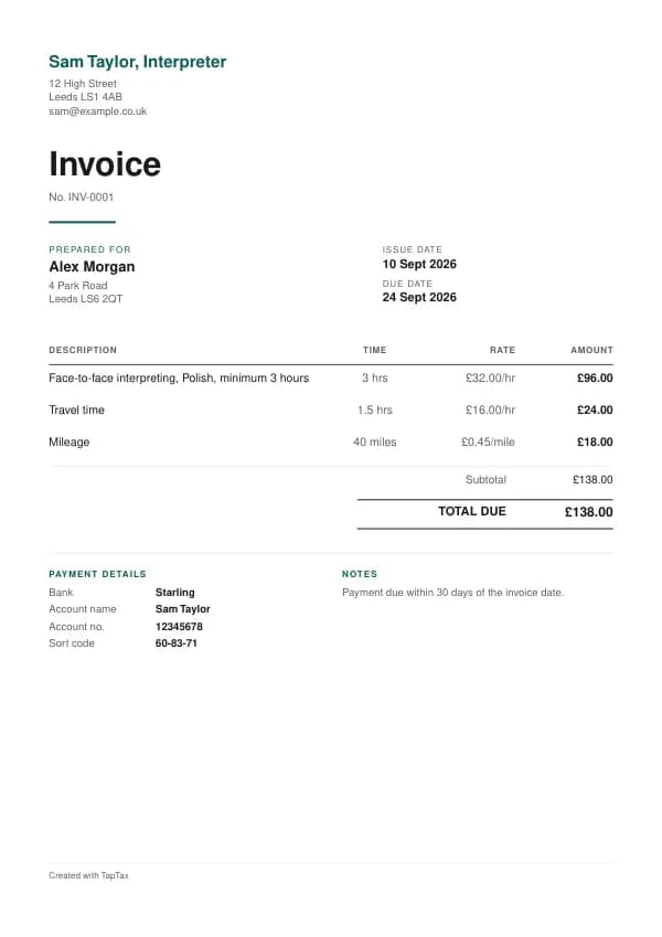 A filled-in example of the interpreter invoice template