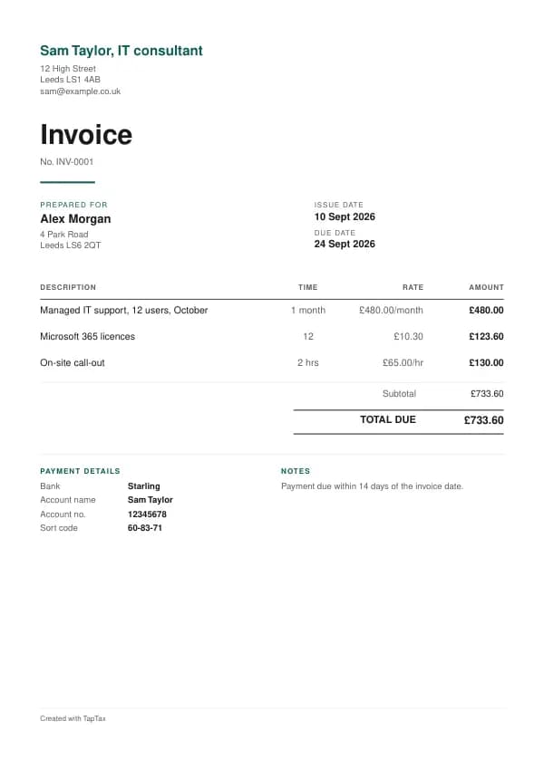 A filled-in example of the IT consultant invoice template
