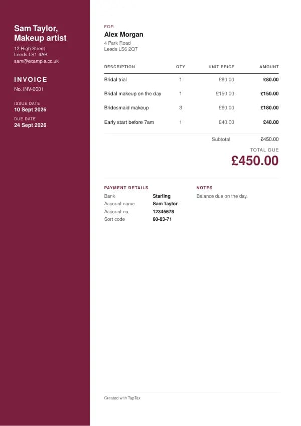 A filled-in example of the makeup artist invoice template