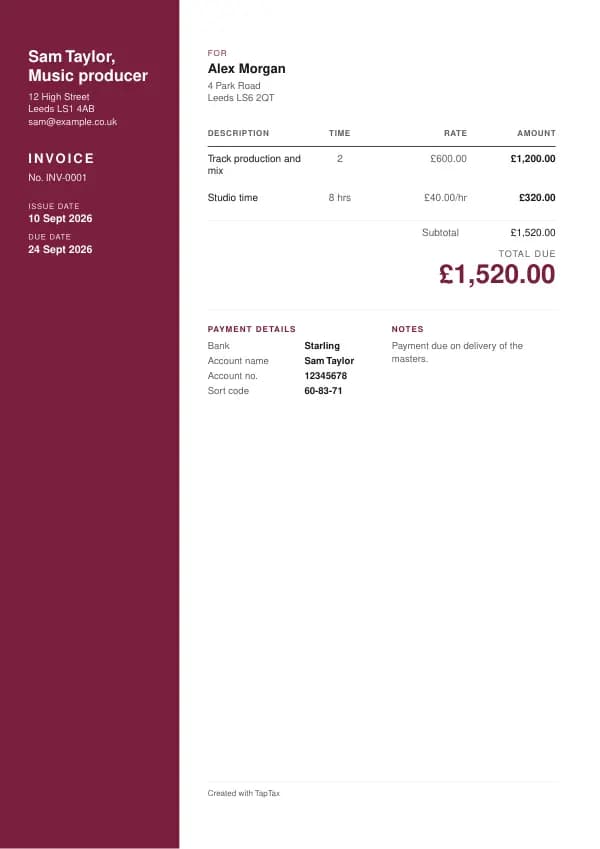 A filled-in example of the music producer invoice template