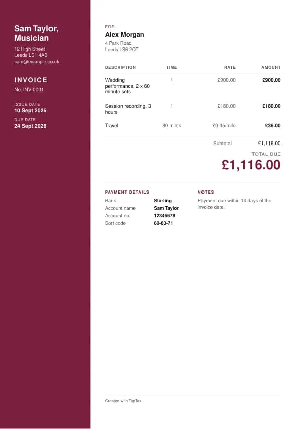 A filled-in example of the musician invoice template