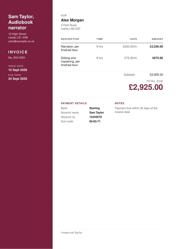 A filled-in example of the audiobook narrator invoice template