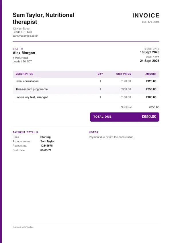A filled-in example of the nutritional therapist invoice template